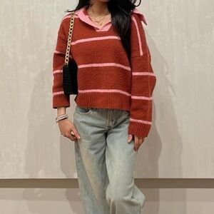 pink & red knitted striped collared sweater